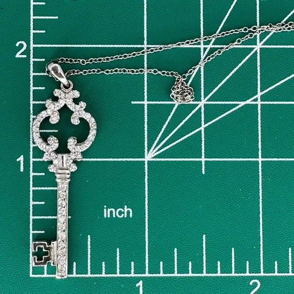 Sterling Silver Key Pendant Accented with Rhinestones Chain Link Necklace 17” - Picture 8 of 8